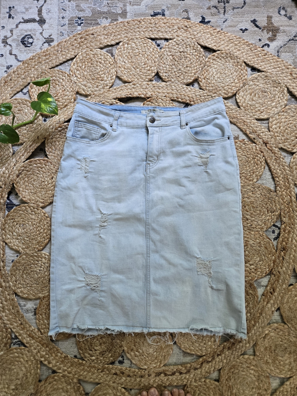 Light Blue Distressed Denim Skirt - Women